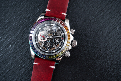 Pre-owned Pagani 40mm Automatic Mechanical Watch Silver Chrome Rainbow Red Oil Waxed Leather Band