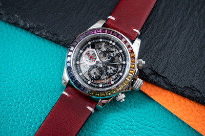 Pre-owned Pagani 40mm Automatic Mechanical Watch Silver Chrome Rainbow Red Oil Waxed Leather Band