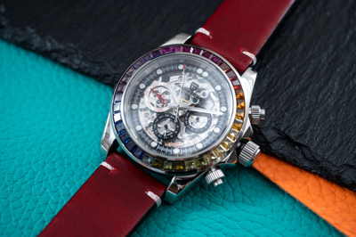 Pre-owned Pagani 40mm Automatic Mechanical Watch Silver Chrome Rainbow Red Oil Waxed Leather Band