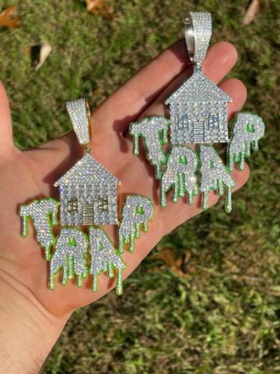 Pre-owned Silver Real 925  Gold Plated Huge 3" Glows In Dark House Trap Hip Hop Pendant Cz