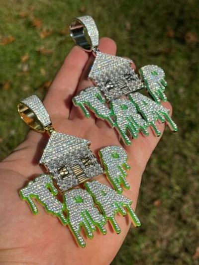 Pre-owned Silver Real 925  Gold Plated Huge 3" Glows In Dark House Trap Hip Hop Pendant Cz
