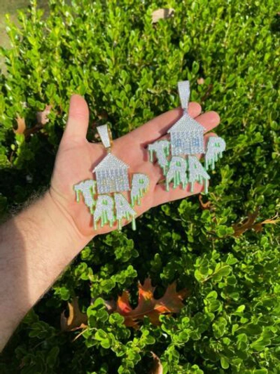 Pre-owned Silver Real 925  Gold Plated Huge 3" Glows In Dark House Trap Hip Hop Pendant Cz