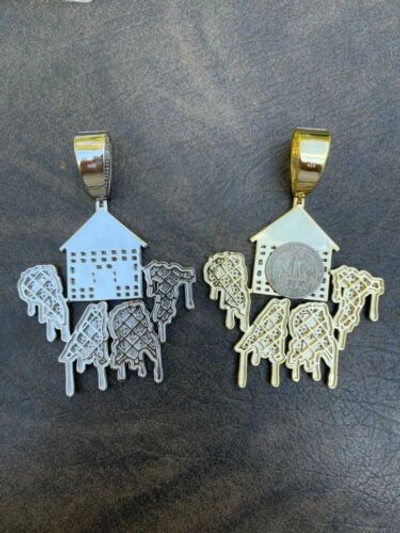 Pre-owned Silver Real 925  Gold Plated Huge 3" Glows In Dark House Trap Hip Hop Pendant Cz
