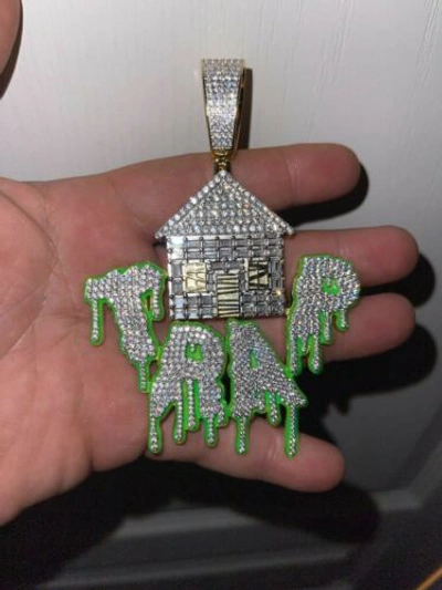 Pre-owned Silver Real 925  Gold Plated Huge 3" Glows In Dark House Trap Hip Hop Pendant Cz