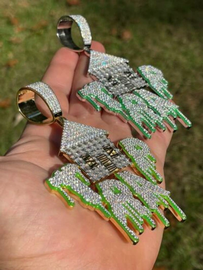 Pre-owned Silver Real 925  Gold Plated Huge 3" Glows In Dark House Trap Hip Hop Pendant Cz