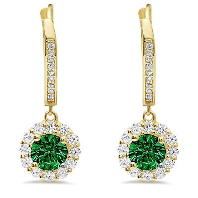 Pre-owned Pucci 2.2 Round Cut Halo Green Simulated Emerald Drop Dangle Earrings 14k Yellow Gold