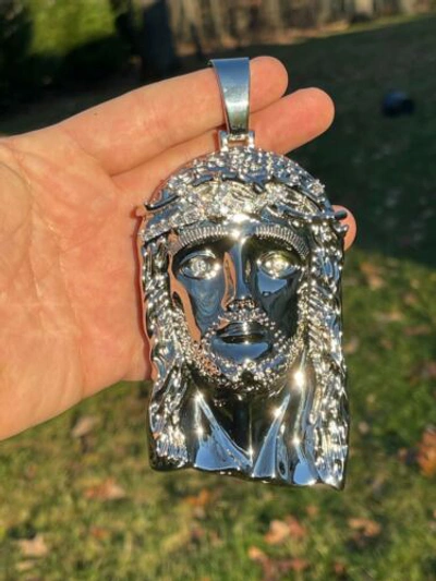 Pre-owned Silver Huge 6" 310 Gram 925  Hip Hop Mens Jesus Piece Pendant Necklace Iced Cz