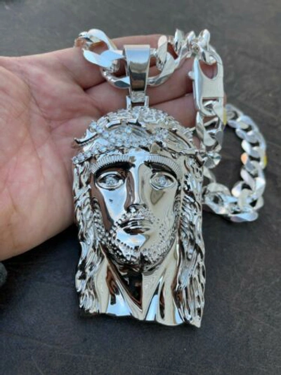 Pre-owned Silver Huge 6" 310 Gram 925  Hip Hop Mens Jesus Piece Pendant Necklace Iced Cz