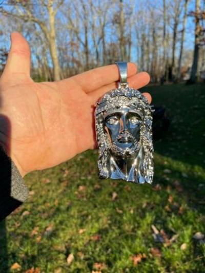 Pre-owned Silver Huge 6" 310 Gram 925  Hip Hop Mens Jesus Piece Pendant Necklace Iced Cz