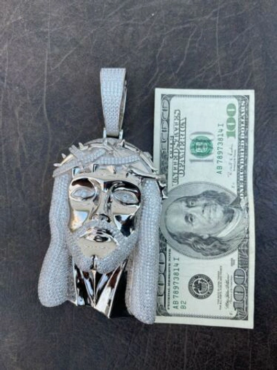 Pre-owned Silver Huge 6" 450 Gram 925 Sterling  Mens Iced Cz Jesus Piece Pendant Necklace