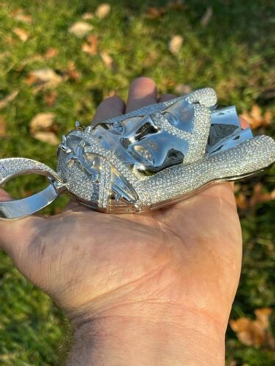 Pre-owned Silver Huge 6" 450 Gram 925 Sterling  Mens Iced Cz Jesus Piece Pendant Necklace