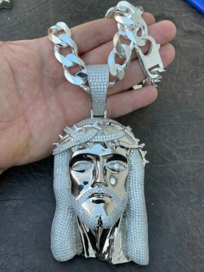 Pre-owned Silver Huge 6" 450 Gram 925 Sterling  Mens Iced Cz Jesus Piece Pendant Necklace