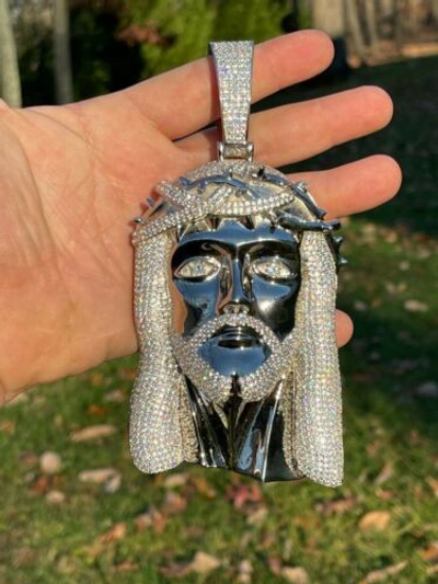 Pre-owned Silver Huge 6" 450 Gram 925 Sterling  Mens Iced Cz Jesus Piece Pendant Necklace