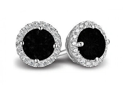 Pre-owned Pucci 1.6 Ct Round Halo Natural Onyx Designer Stud Earrings Real Solid 14k White Gold