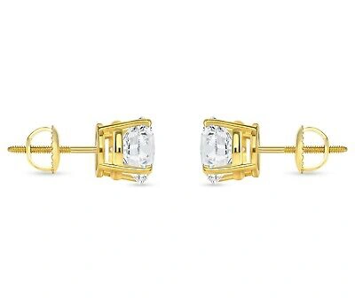 Pre-owned Shine Brite With A Diamond 6 Ct Round Earrings Studs Solid 14k Yellow Gold Brilliant Cut Screw Back Basket In White/colorless