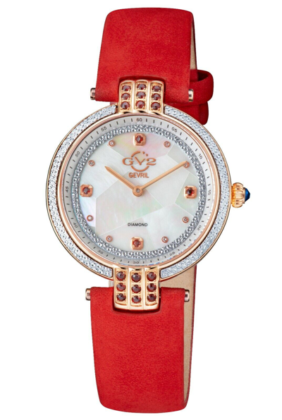 Pre-owned Gv2 By Gevril Women's 12804 Matera Diamonds Mop Dial Red Suede Swiss Watch