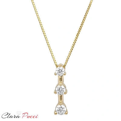 Pre-owned Pucci 0.35ct Round Cut Simulated Solitaire 3-stone Pendant 14k Yellow Gold + 16" Chain In D