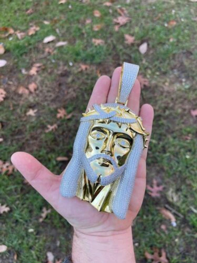 Pre-owned Silver Huge 6" 450 Gram 14k Gold Plated 925 Cz  Mens Iced Jesus Piece Pendant