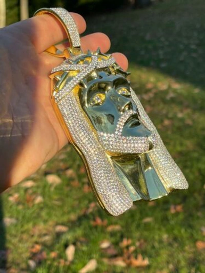 Pre-owned Silver Huge 6" 450 Gram 14k Gold Plated 925 Cz  Mens Iced Jesus Piece Pendant