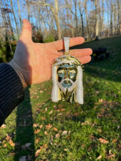 Pre-owned Silver Huge 6" 450 Gram 14k Gold Plated 925 Cz  Mens Iced Jesus Piece Pendant