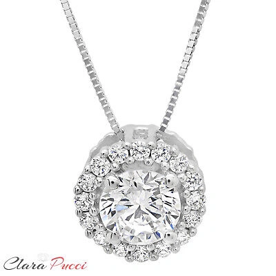 Pre-owned Pucci 1.3ct Round Cut Halo Vvs1 Clear Cz Pendant Necklace 18" Chain Box 14k White Gold In D