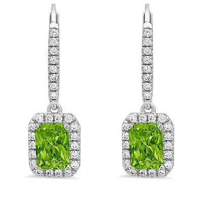 Pre-owned Pucci 5.8072 Emerald Round Halo Natural Peridot Lever Back Earrings 14k White Gold In Green