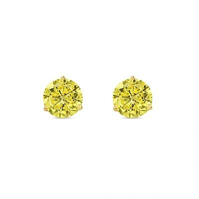 Pre-owned Shine Brite With A Diamond 3.50 Ct Round Cut Canary Earrings Studs Solid 14k Yellow Gold Push Back Martini