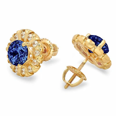 Pre-owned Pucci 3.45ct Round Halo Lab Tanzanite Simulated Stunning Stud Earrings 14k Yellow Gold In D