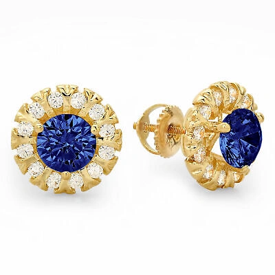 Pre-owned Pucci 3.45ct Round Halo Lab Tanzanite Simulated Stunning Stud Earrings 14k Yellow Gold In D
