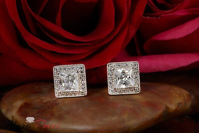 Pre-owned Pucci 2.3ct Princess Simulated Halo Stud Solitaire Earrings 14k White Gold Screw Back In D