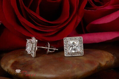 Pre-owned Pucci 2.3ct Princess Simulated Halo Stud Solitaire Earrings 14k White Gold Screw Back In D