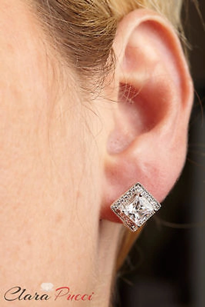 Pre-owned Pucci 2.3ct Princess Simulated Halo Stud Solitaire Earrings 14k White Gold Screw Back In D