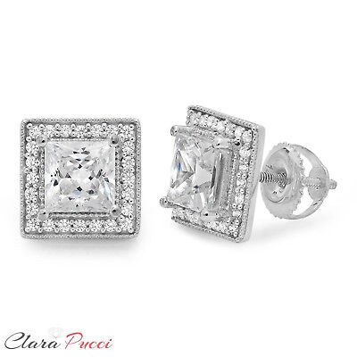 Pre-owned Pucci 2.3ct Princess Simulated Halo Stud Solitaire Earrings 14k White Gold Screw Back In D