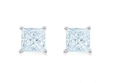 Pre-owned Pucci 3ct Princess Cut Natural Aquamarine Stud Earrings Real 14k White Gold Push Back In D