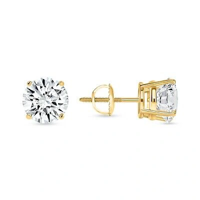 Pre-owned Shine Brite With A Diamond 3 Ct Round Lab Created Grown Diamond Earrings 18k Yellow Gold G/vs Basket Screw