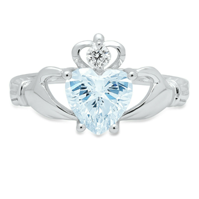 Pre-owned Pucci 1.5 Irish Celtic Claddagh Natural Aquamarine Promise Wedding Ring 14k White Gold In D