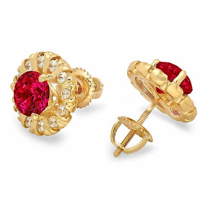 Pre-owned Pucci 3.45 Round Halo Pink Simulated Tourmaline Designer Stud Earrings 14k Yellow Gold In Red