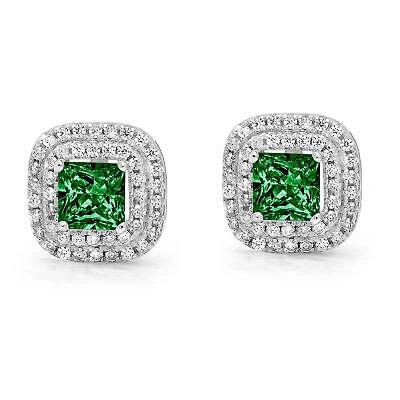 Pre-owned Pucci 2.9 Princess Round Cut Halo Green Simulated Emerald Stud Earrings 14k White Gold