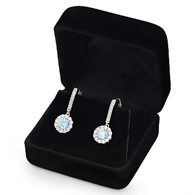 Pre-owned Pucci 2.2 Ct Round Cut Halo Blue Simulated Diamond Drop Dangle Earrings 14k White Gold