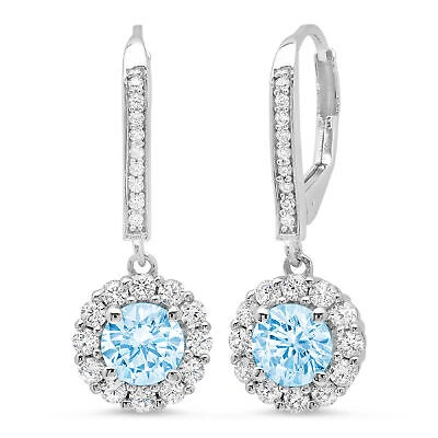 Pre-owned Pucci 2.2 Ct Round Cut Halo Blue Simulated Diamond Drop Dangle Earrings 14k White Gold