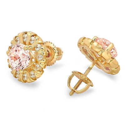 Pre-owned Pucci 3.45ct Round Halo Pink Simulated Diamond Designer Stud Earrings 14k Yellow Gold
