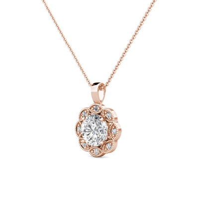Pre-owned Limor 1.79ct Created Diamond 14k Rose Gold Flower Migraine Halo Pendant Necklace 18" In White