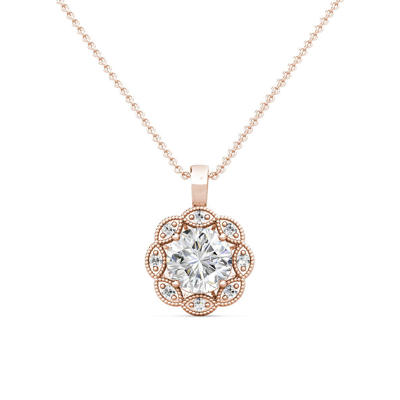 Pre-owned Limor 1.79ct Created Diamond 14k Rose Gold Flower Migraine Halo Pendant Necklace 18" In White