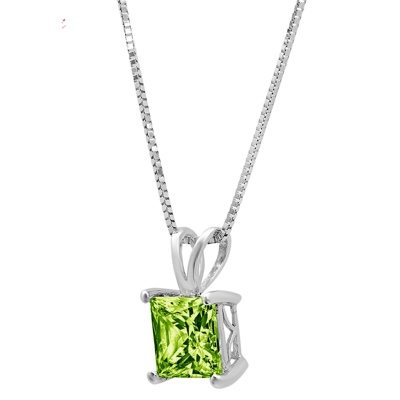 Pre-owned Pucci 1 Princess Cut Natural Peridot Pendant Necklace 16 Gift Chain 14k White Gold In Green