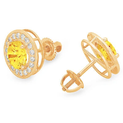 Pre-owned Pucci 1.18 Round Cut Halo Natural Citrine Designer Stud Earrings Real 14k Yellow Gold