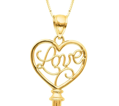 Pre-owned Teachers Jewelry 14k Yellow Gold Love Necklace Script In Heart Key Pendant 18" Cable Chain 50 Mm