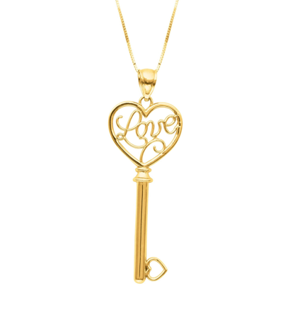 Pre-owned Teachers Jewelry 14k Yellow Gold Love Necklace Script In Heart Key Pendant 18" Cable Chain 50 Mm