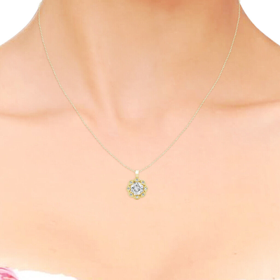 Pre-owned Limor 1.79ct Created Diamond 14k Yellow Gold Flower Migraine Halo Pendant Necklace 18" In White