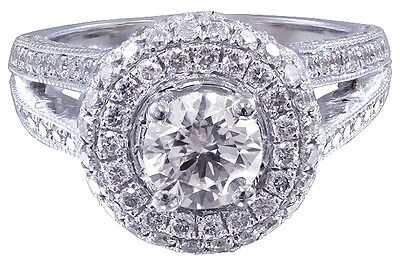 Pre-owned Halo 14k White Gold Round Cut Diamonds Engagement Ring Deco Bridal Natural  1.60