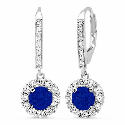Pre-owned Pucci 2.2ct Round Cut Halo Simulated Blue Sapphire Drop Dangle Earrings 14k White Gold
